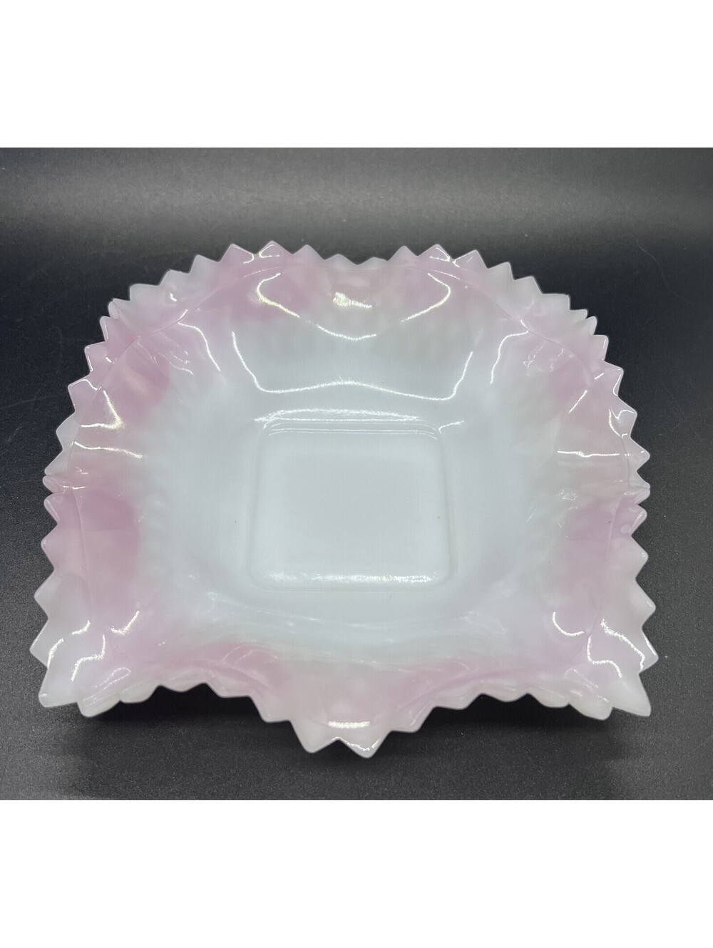 Vtg Fenton White Milk Glass Ruffled Edge Bowl with Pink Edge Square Dresser Tray